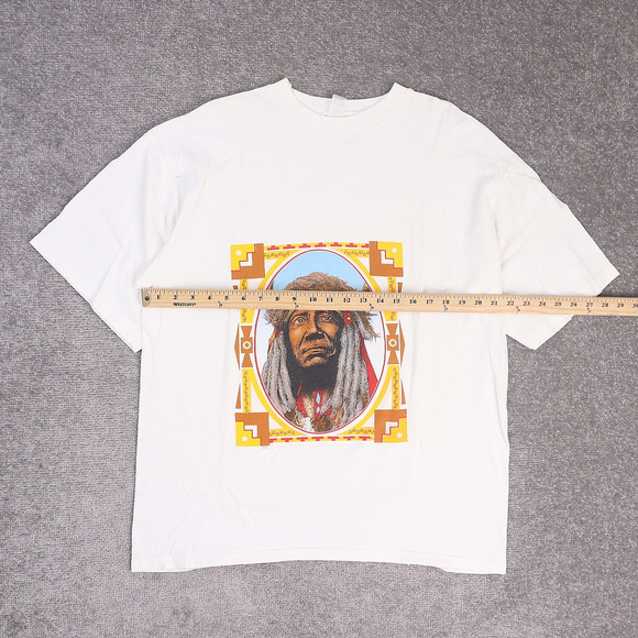 VTG 90s Native American Chief Tribal XL White Short Sleeve T-Shirt - Picture 4 of 10